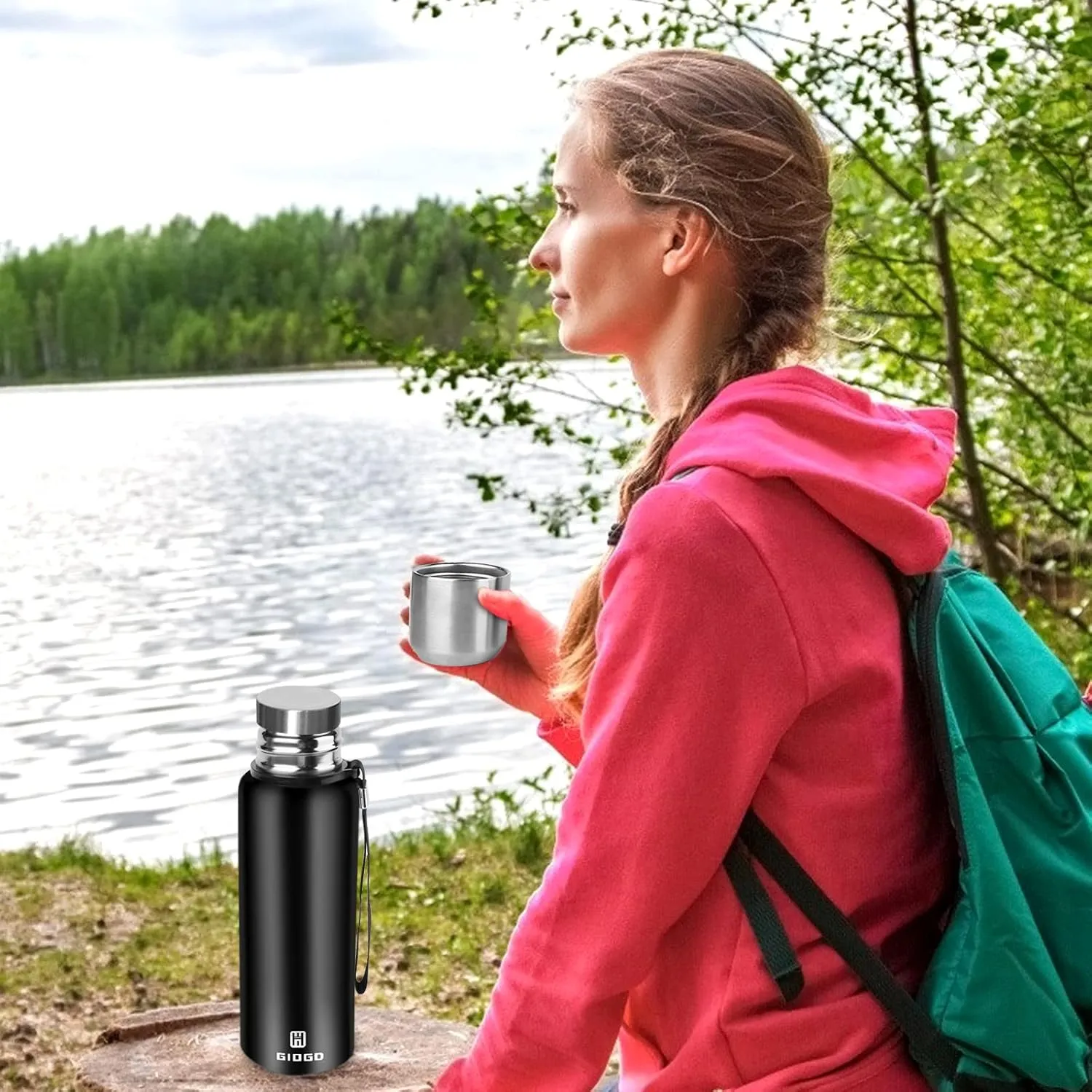 Insulated vacuum Thermo Bottle 750ml/25.4oz with cup Stainless steel coffee bottles for hot and cold drink water flask.(Black,750ml)