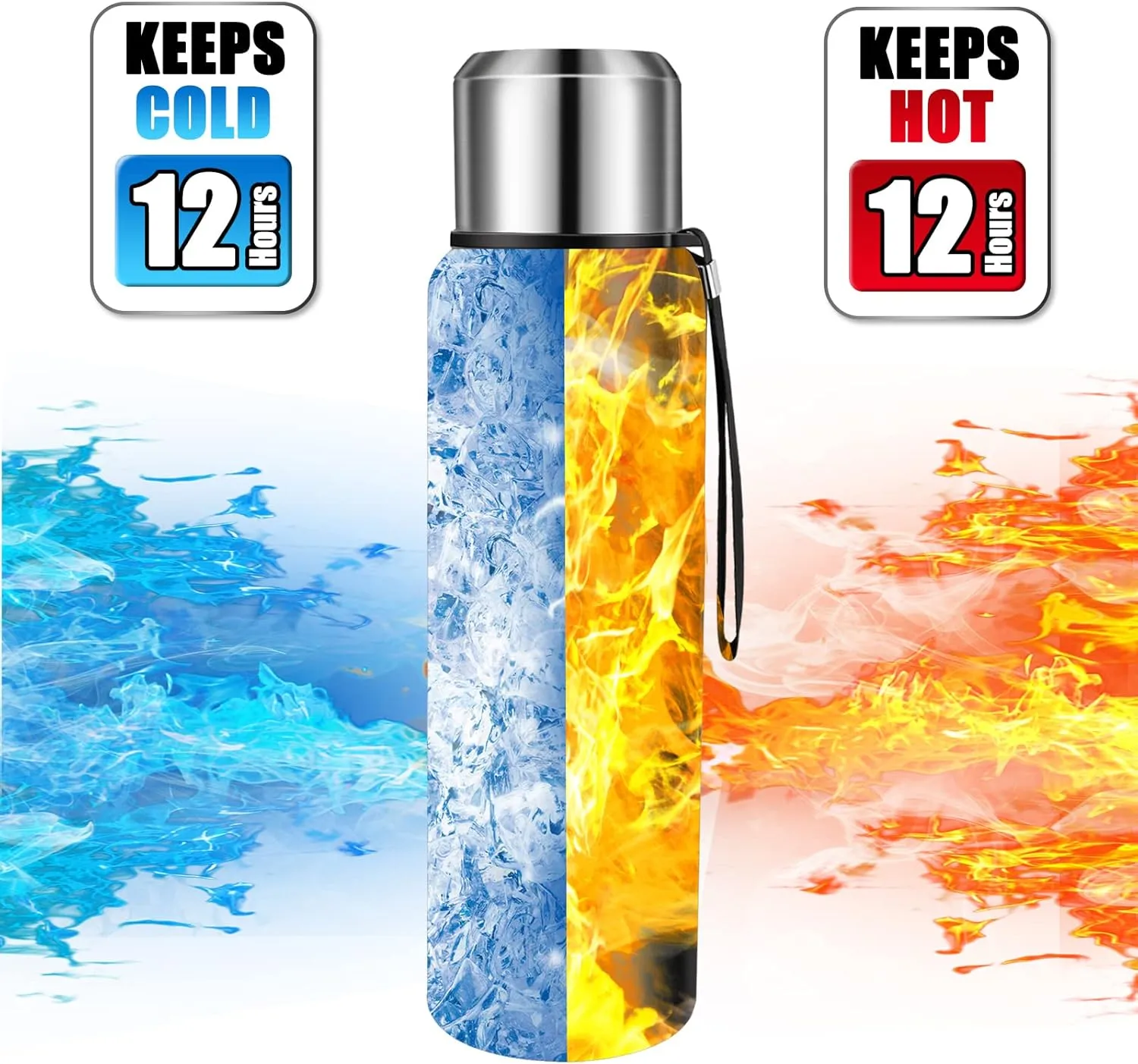 Insulated vacuum Thermo Bottle 750ml/25.4oz with cup Stainless steel coffee bottles for hot and cold drink water flask.(Black,750ml)