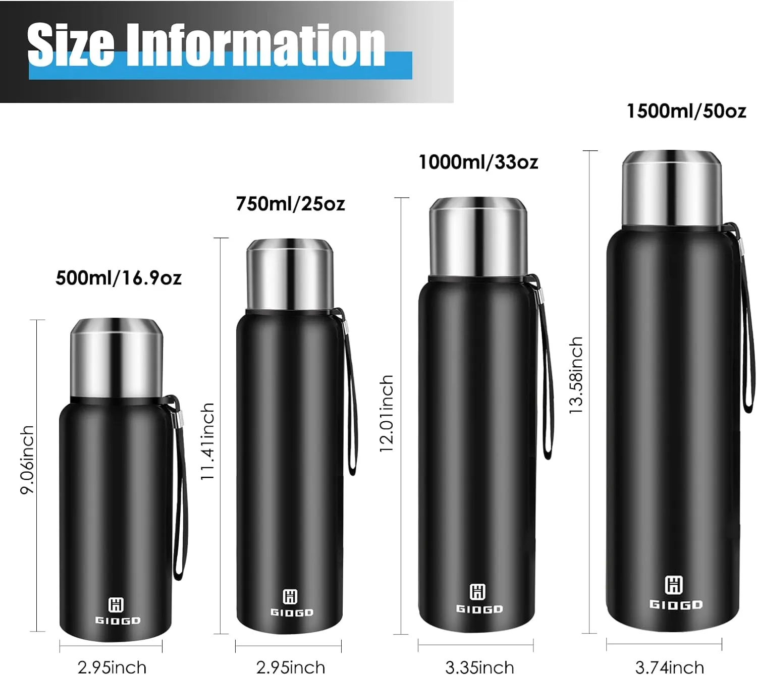 Insulated vacuum Thermo Bottle 750ml/25.4oz with cup Stainless steel coffee bottles for hot and cold drink water flask.(Black,750ml)