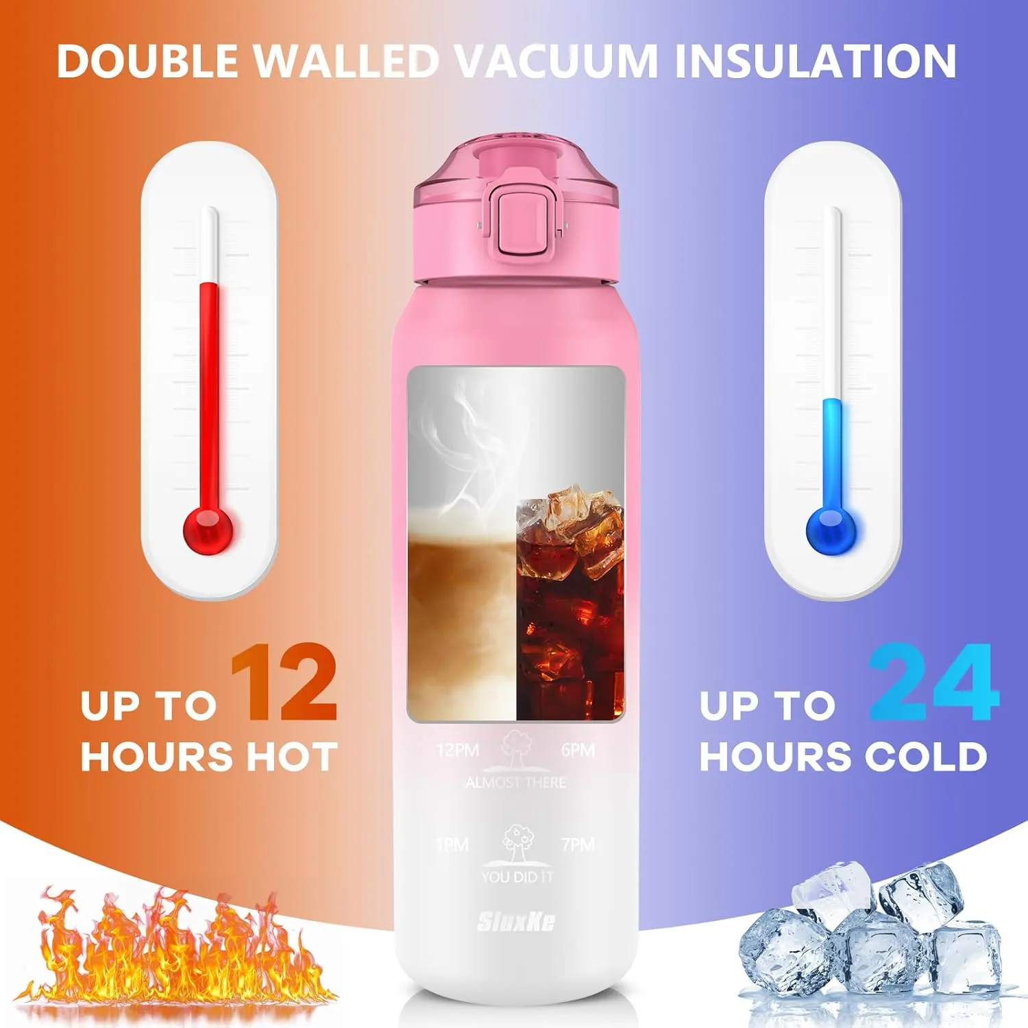 Insulated Water Bottle 32oz with 2Lids,18/10 Stainless Steel 1000ml Insulated Water Bottle Double Walled with Handle, Metal Canteen Keep Cold 48H Hot 24H for Men, Women & Kids