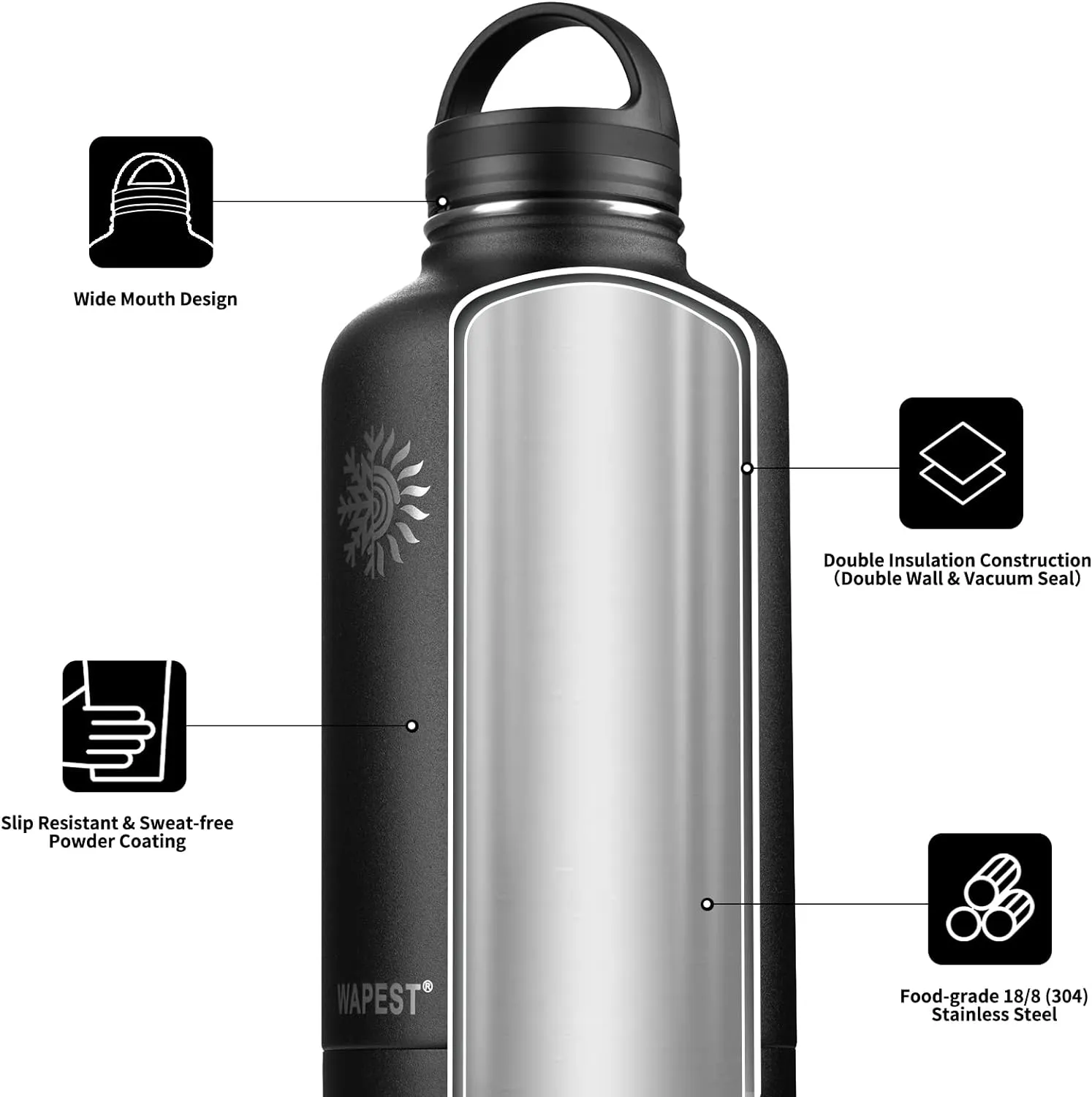 Insulated Water Bottle 64 oz with Paracord Handle & Bottle Brush, 64 oz Double Wall Vacuum Stainless Steel Water Flask Jug Metal Canteen with 2 Lids and Carrying Pouch, Leakproof, Graphite