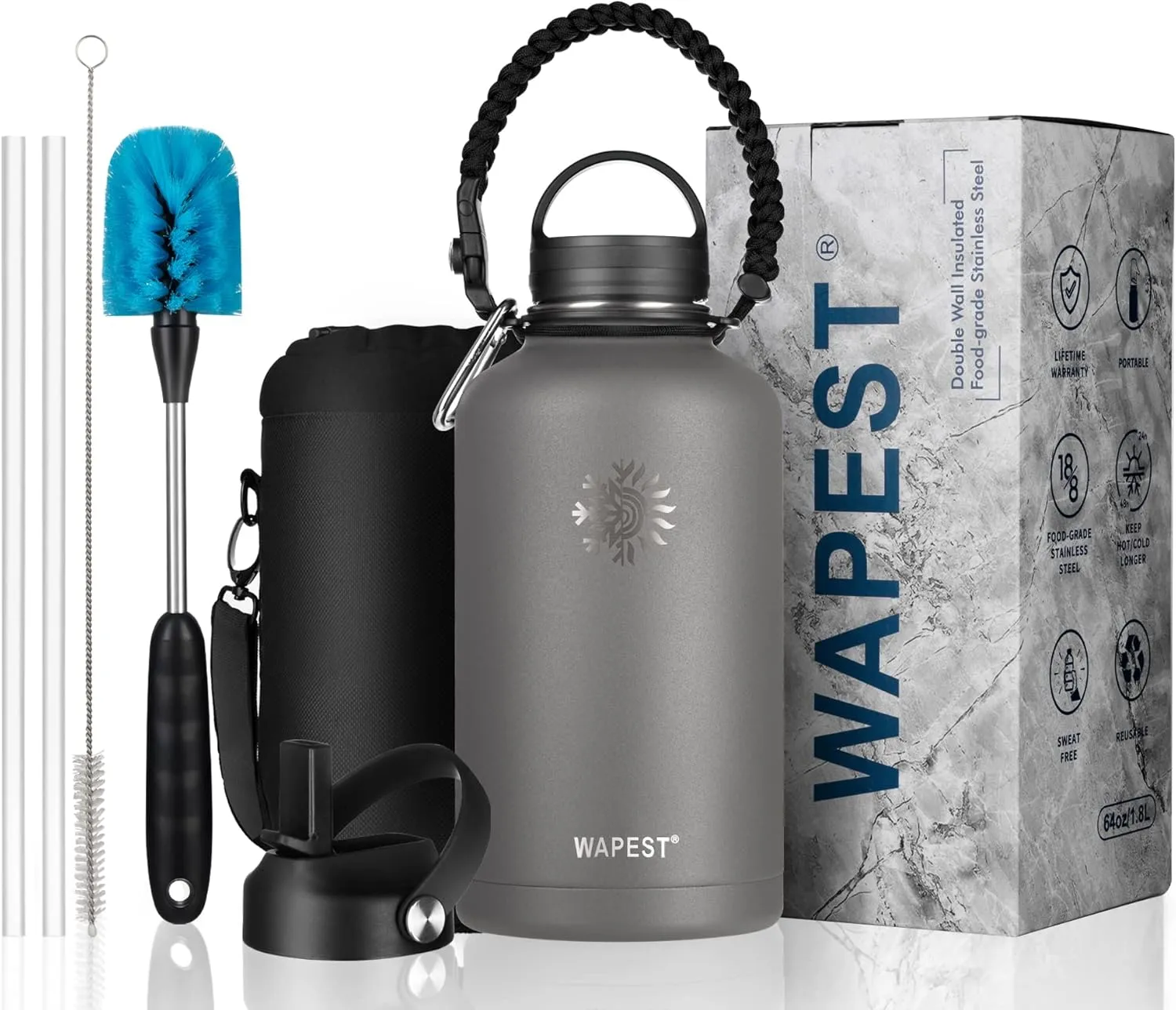 Insulated Water Bottle 64 oz with Paracord Handle & Bottle Brush, 64 oz Double Wall Vacuum Stainless Steel Water Flask Jug Metal Canteen with 2 Lids and Carrying Pouch, Leakproof, Graphite
