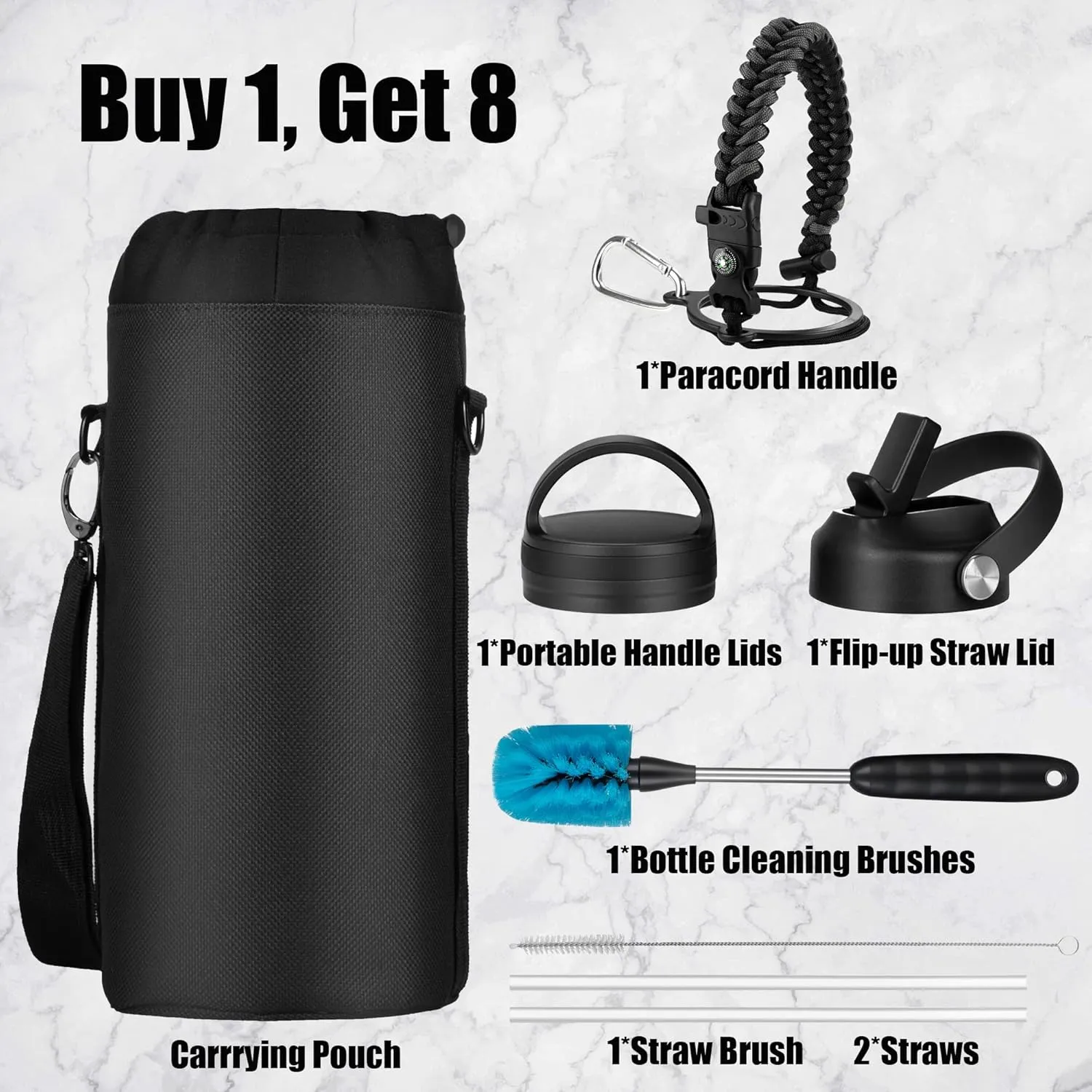 Insulated Water Bottle 64 oz with Paracord Handle & Bottle Brush, 64 oz Double Wall Vacuum Stainless Steel Water Flask Jug Metal Canteen with 2 Lids and Carrying Pouch, Leakproof, Graphite