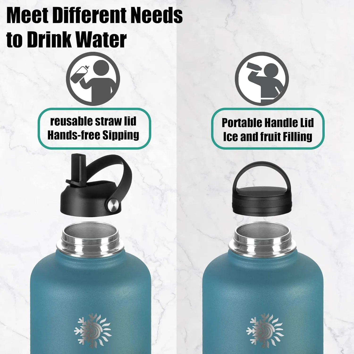 Insulated Water Bottle 64 oz with Paracord Handle & Bottle Brush, 64 oz Double Wall Vacuum Stainless Steel Water Flask Jug Metal Canteen with 2 Lids and Carrying Pouch, Leakproof, Graphite