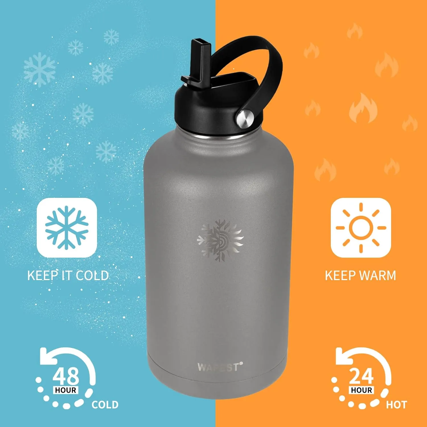 Insulated Water Bottle 64 oz with Paracord Handle & Bottle Brush, 64 oz Double Wall Vacuum Stainless Steel Water Flask Jug Metal Canteen with 2 Lids and Carrying Pouch, Leakproof, Graphite