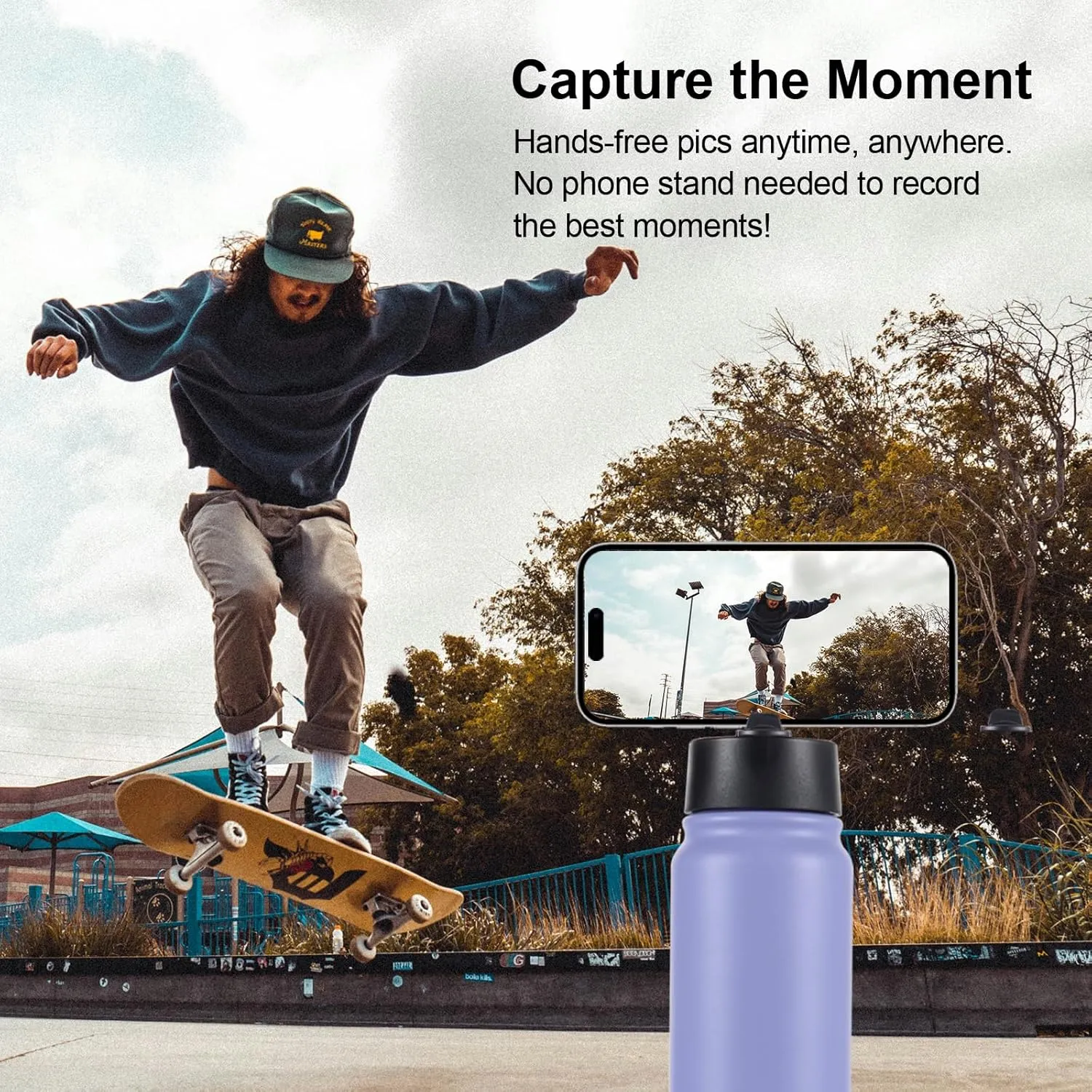 Insulated Water Bottle with Magnetic Phone Holder Compatible with MagSafe and iPhone, Double-Sided Magnet, Stainless Steel Water Bottle Phone Mount for Sports Travel, Hot 12H Cold 24H, 27oz (Black)