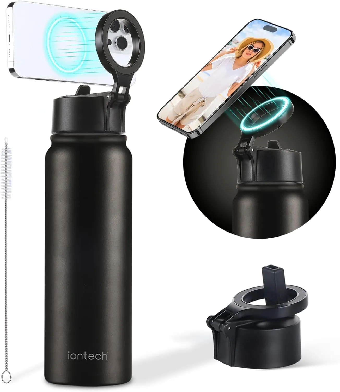 Insulated Water Bottle with Magnetic Phone Holder Compatible with MagSafe and iPhone, Double-Sided Magnet, Stainless Steel Water Bottle Phone Mount for Sports Travel, Hot 12H Cold 24H, 27oz (Black)