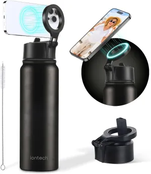 Insulated Water Bottle with Magnetic Phone Holder Compatible with MagSafe and iPhone, Double-Sided Magnet, Stainless Steel Water Bottle Phone Mount for Sports Travel, Hot 12H Cold 24H, 27oz (Black)