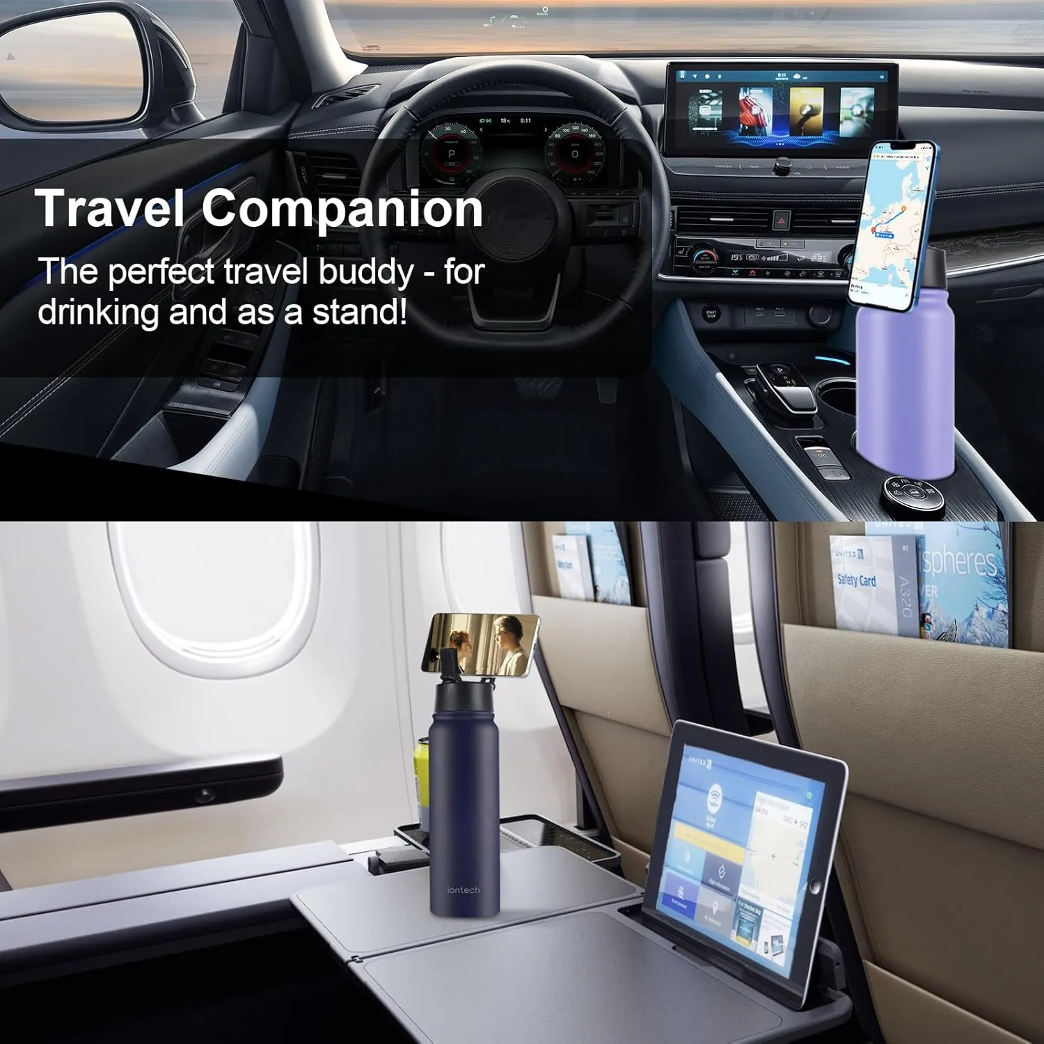 Insulated Water Bottle with Magnetic Phone Holder Compatible with MagSafe and iPhone, Double-Sided Magnet, Stainless Steel Water Bottle Phone Mount for Sports Travel, Hot 12H Cold 24H, 27oz (Black)
