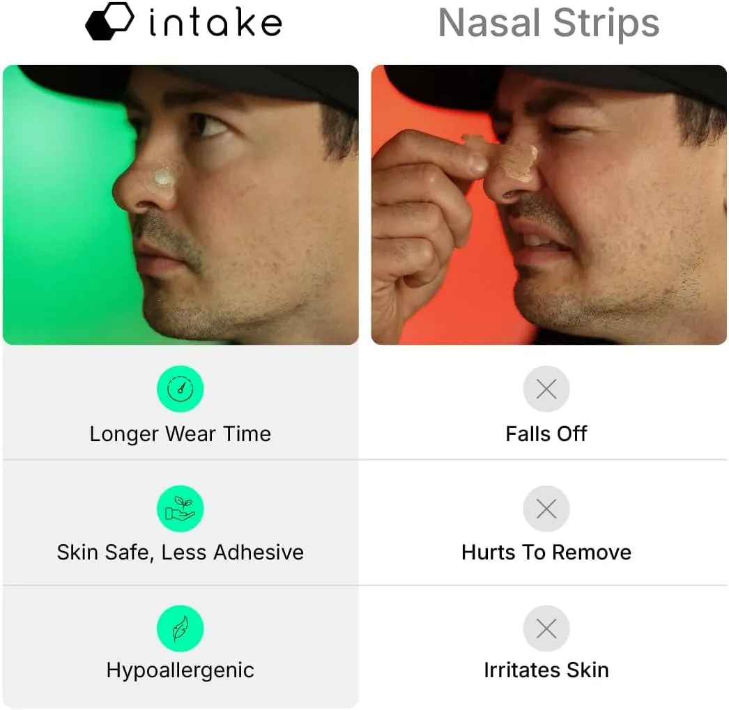 Intake Breathing Nasal Strip Starter Kit (30 Count, Black) - Boost Oxygen Intake, Reduce Snoring, Improve Sleep Quality - Sweat Resistant, Skin Safe Nasal Strips - Extra Strength Snoring Solution