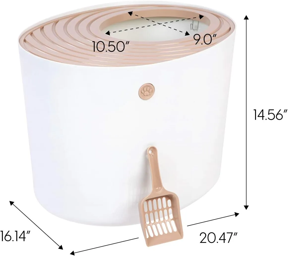 IRIS USA Cat Litter Box, Large Top Entry with Litter Catching Lid and Scoop, Dog Proof, Cat Box Enclosure, Beige/White