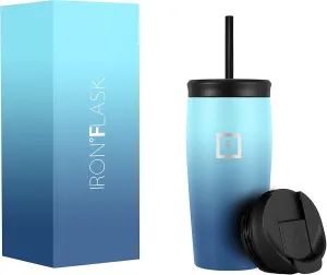 IRON °FLASK Nomad Tumbler - 2 Lids Straw/Flip, Vacuum Insulated Stainless Steel Bottle, Double Walled, Drinking Cup, Thermo Coffee Travel Mug, Water - Blue Waves, 16 Oz