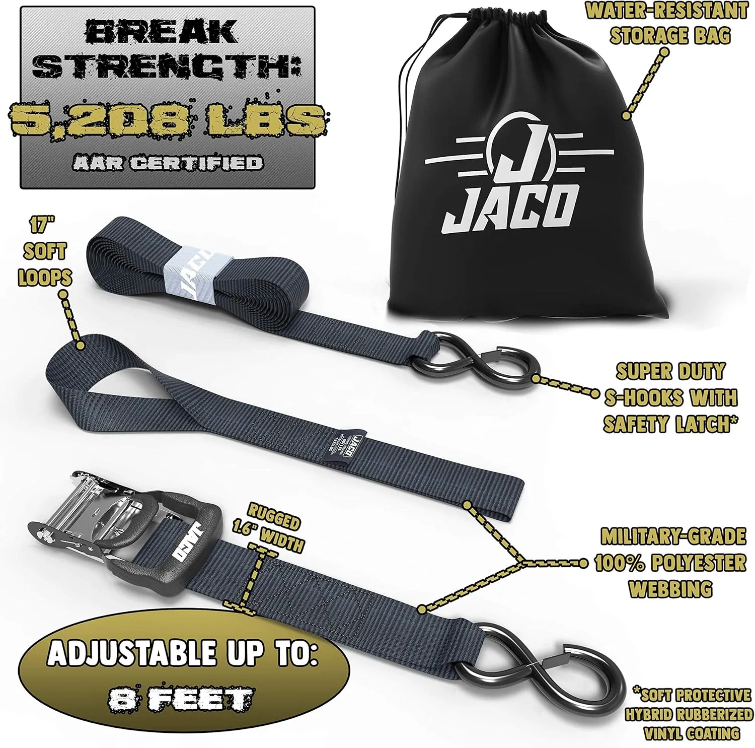 JACO Heavy Duty Ratchet Straps - 1.6 inch x 8 ft (Pack of 4) | Tie Down Kit with Soft Loops - 5,208 lbs (Black)