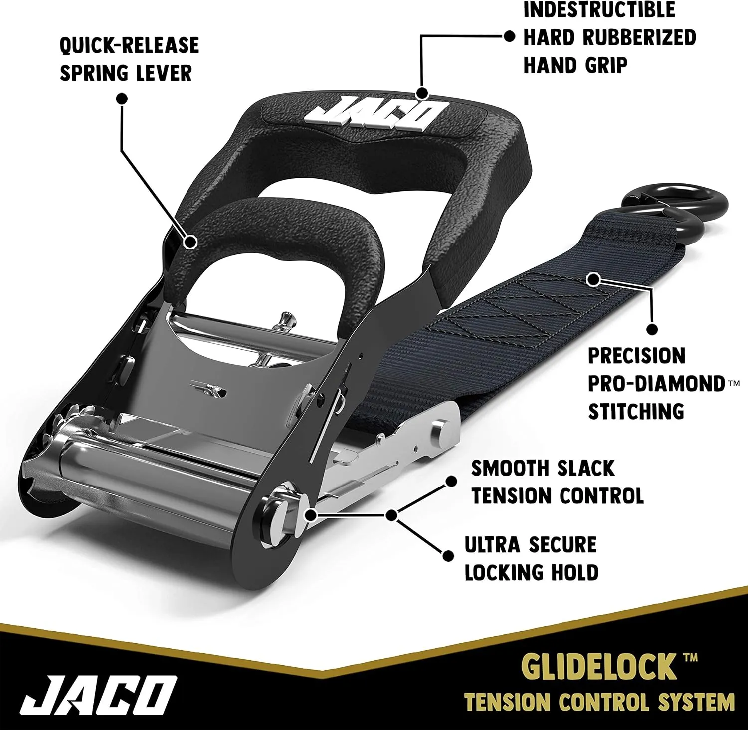 JACO Heavy Duty Ratchet Straps - 1.6 inch x 8 ft (Pack of 4) | Tie Down Kit with Soft Loops - 5,208 lbs (Black)