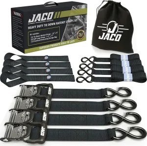 JACO Heavy Duty Ratchet Straps - 1.6 inch x 8 ft (Pack of 4) | Tie Down Kit with Soft Loops - 5,208 lbs (Black)