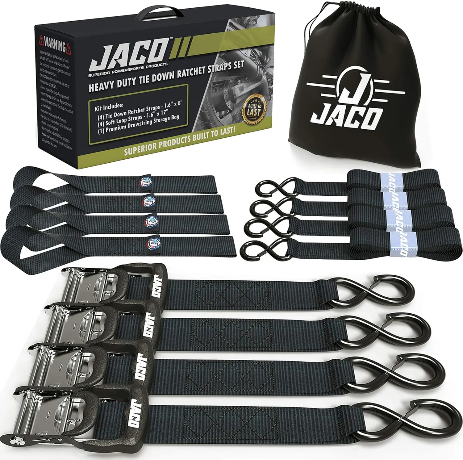 JACO Heavy Duty Ratchet Straps - 1.6 inch x 8 ft (Pack of 4) | Tie Down Kit with Soft Loops - 5,208 lbs (Black)