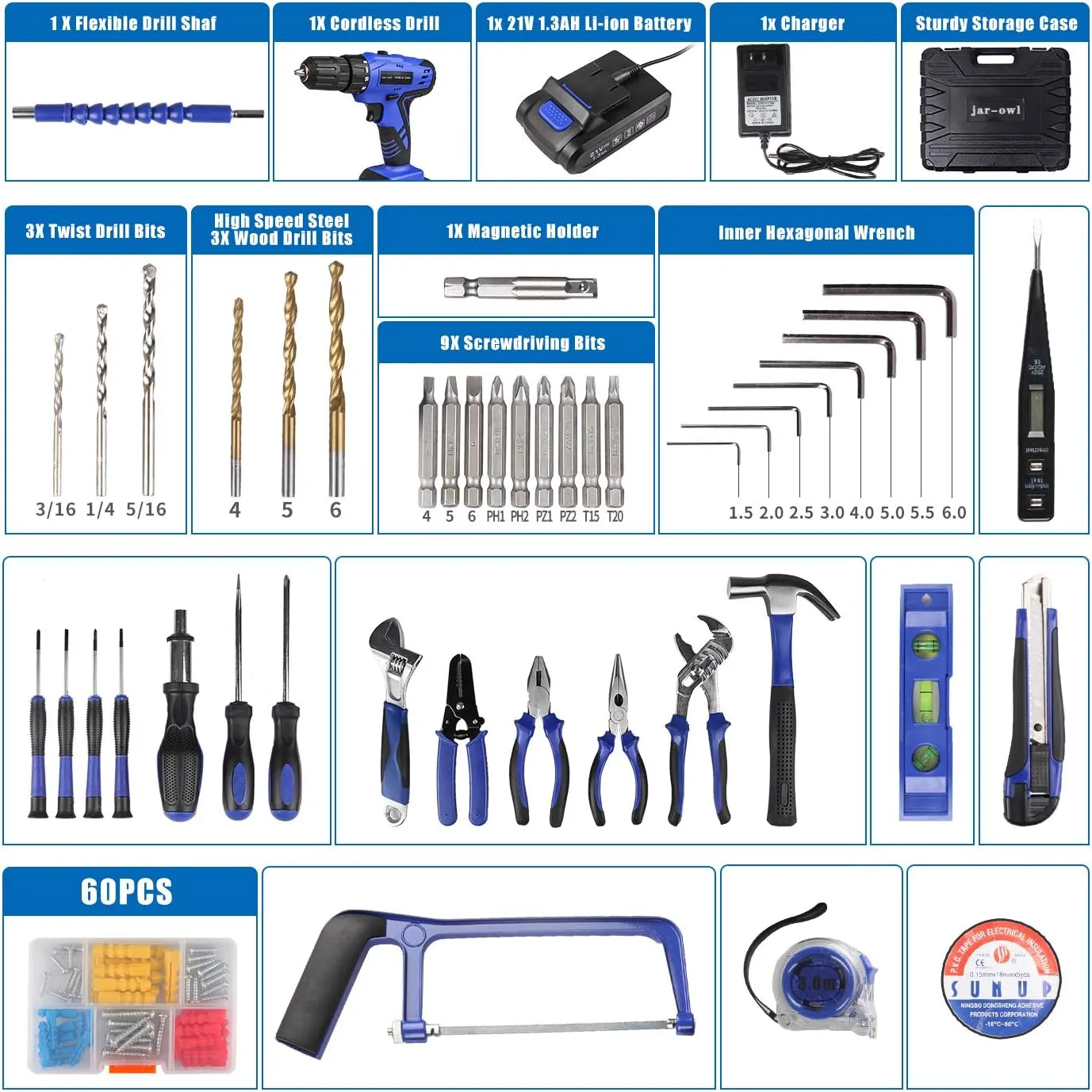 jar-owl 21V Tool Set with Drill, 350 in-lb Torque, 0-1350RMP Variable Speed, 10MM 3/8'' Keyless Chuck, 18 1 Clutch, 1.5Ah Li-Ion Battery & Charger for Home Tool Kit