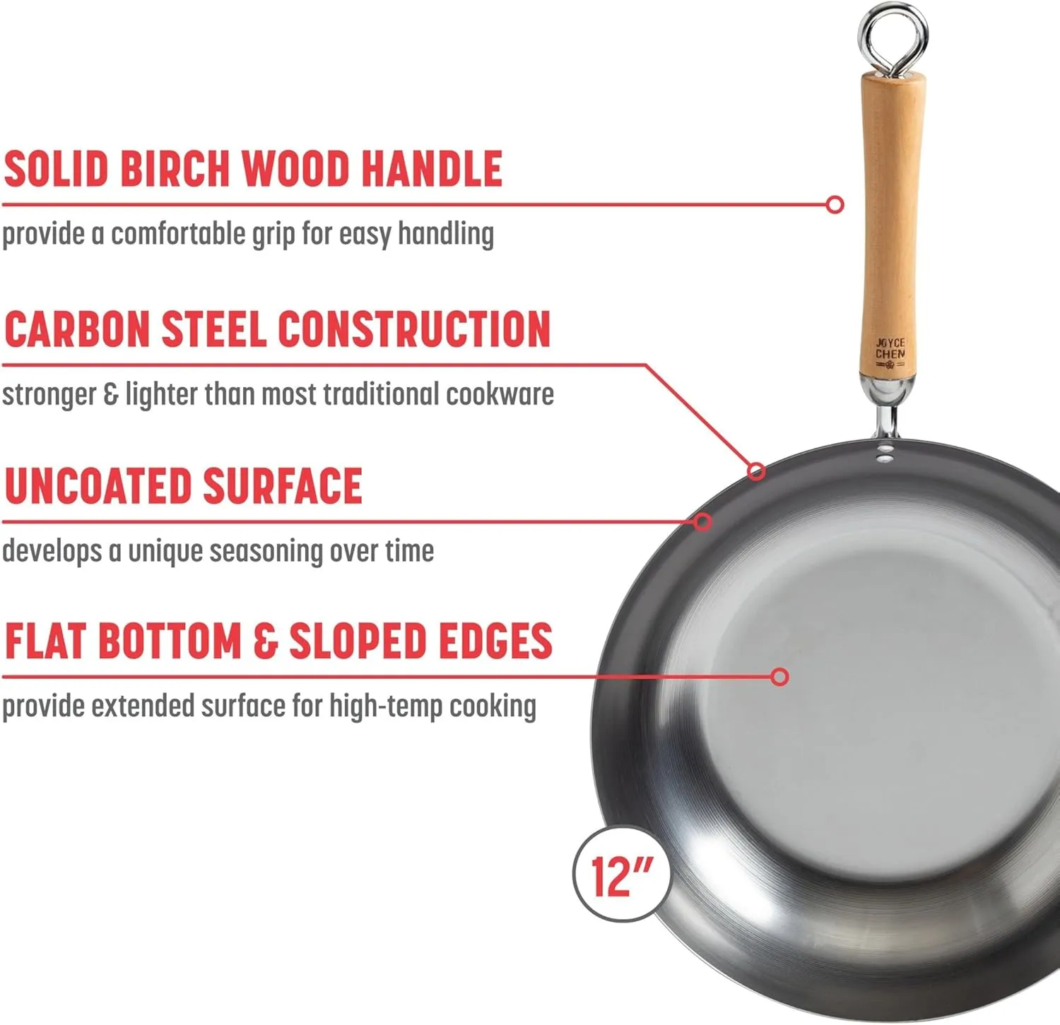 JOYCE CHEN Classic Series 12-Inch Carbon Steel Stir Fry Pan with Birch Handle