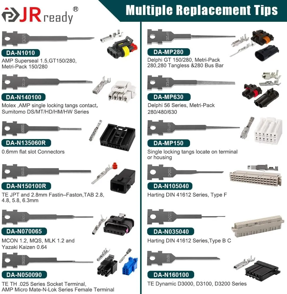 JRready ST5347 JRDDS Terminal Removal Tool Kit Upgraded Deutsch Pin Removal Tool 2 Storage Handles & 26 Replacement Tips Molex Pin Extractor Tools for AMP/TE Molex Delphi JST Harting Connectors etc