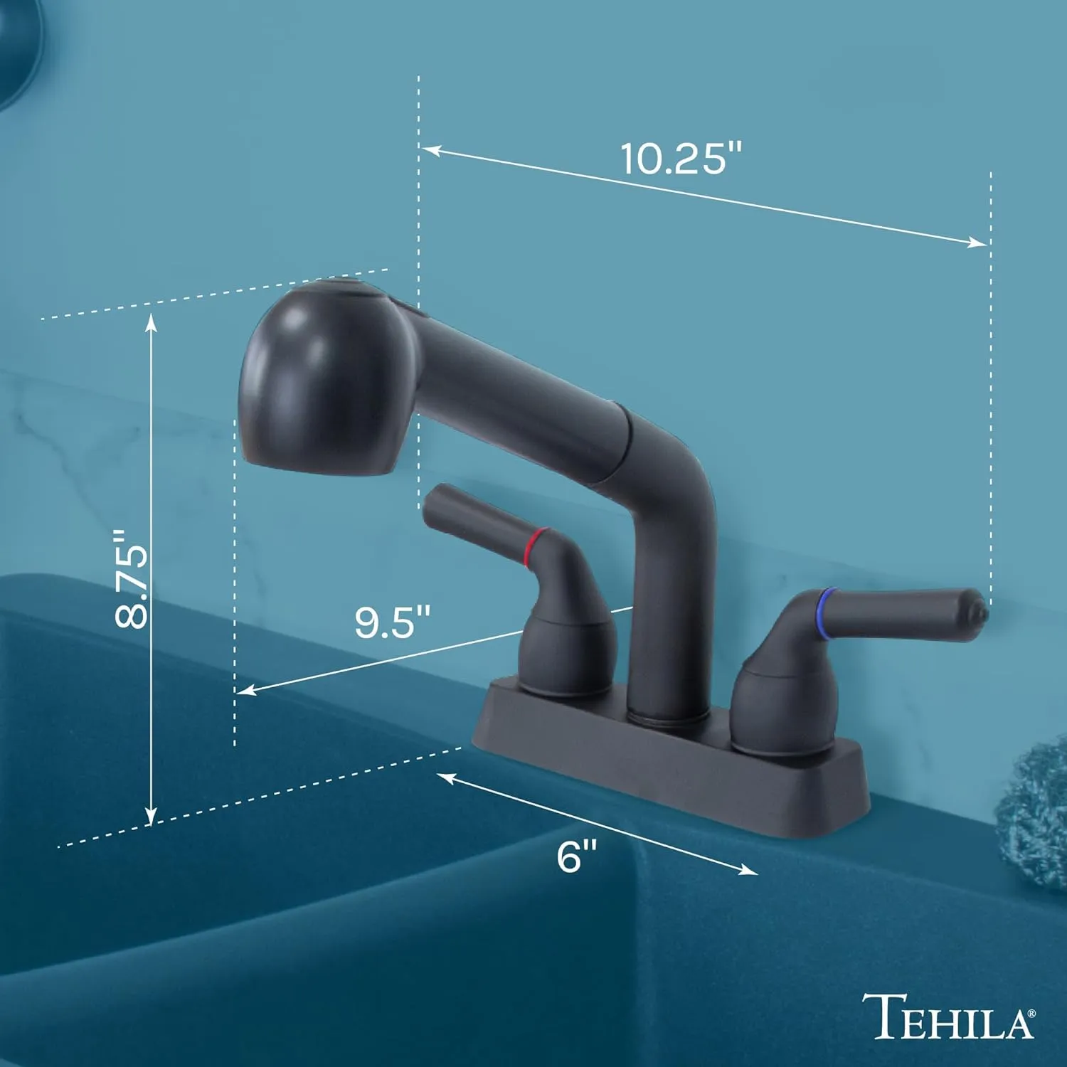 JS Jackson Supplies Dual Handle Pull Out Faucet, Black Finish, 4 Inch Center Set, Universal Utility Sink or Laundry Tub ABS Plastic Faucet with Spray Setting
