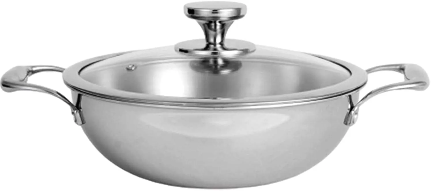 Kadai Stainless Steel Triply Kadhai Cookware Deep Fry Pan 1.5 LTR with Glass Lid Induction Bottom Stir Fry Pan Deep Kadai Frying Pan Multipurpose Stewpot Skillet