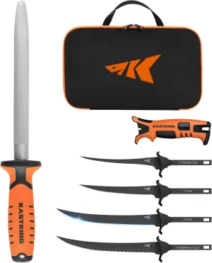 KastKing Interchangeable 4-Blade Fillet Knife Kit: Honing Sharpener, 4 Stainless Blades, Ergonomic No-Slip Handle, Saltwater Resistant, Includes Case
