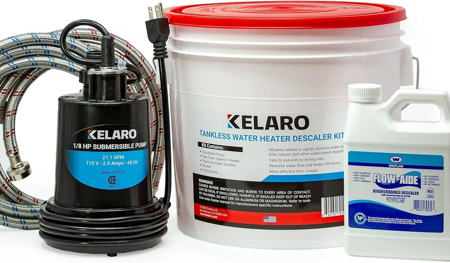 Kelaro Tankless Water Heater Flushing Kit with Flow-Aide Biodegradable Descaler