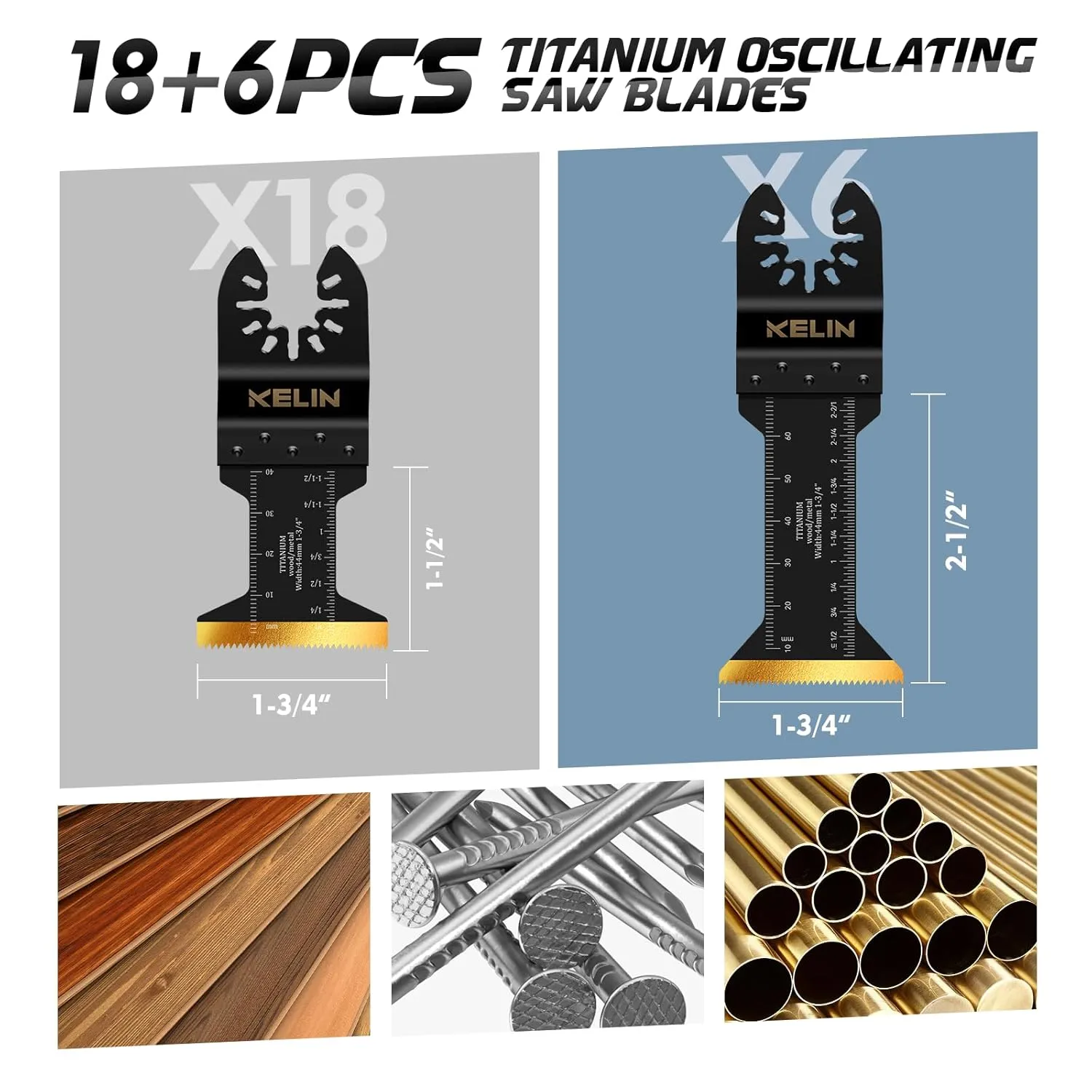 KELIN 24 PCS Extra Long Titanium Oscillating Saw Blades Kit, Oscillating Multitool Blades for Metal and Wood, Ideal for Narrow Long Space (6pcs Extra Long   18 Standard Size)