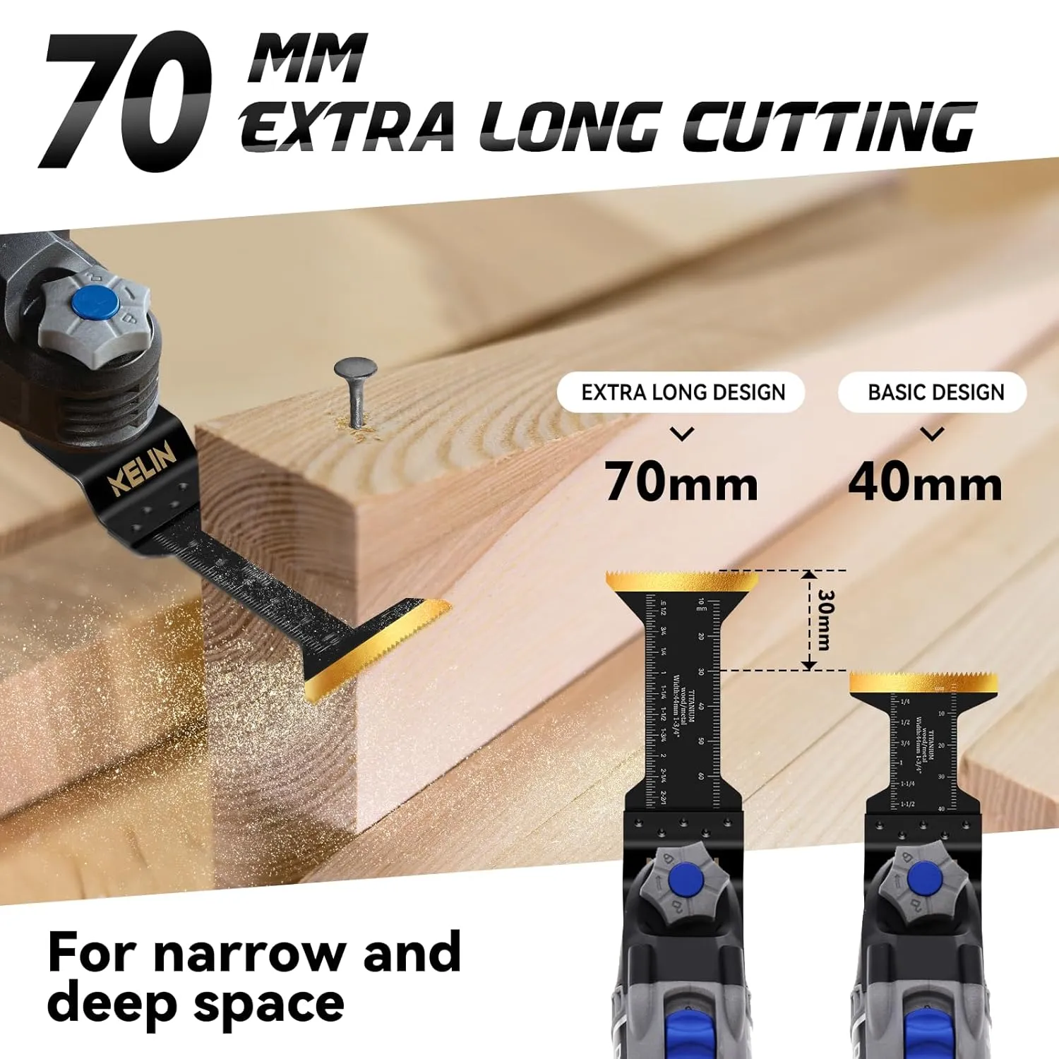 KELIN 24 PCS Extra Long Titanium Oscillating Saw Blades Kit, Oscillating Multitool Blades for Metal and Wood, Ideal for Narrow Long Space (6pcs Extra Long   18 Standard Size)