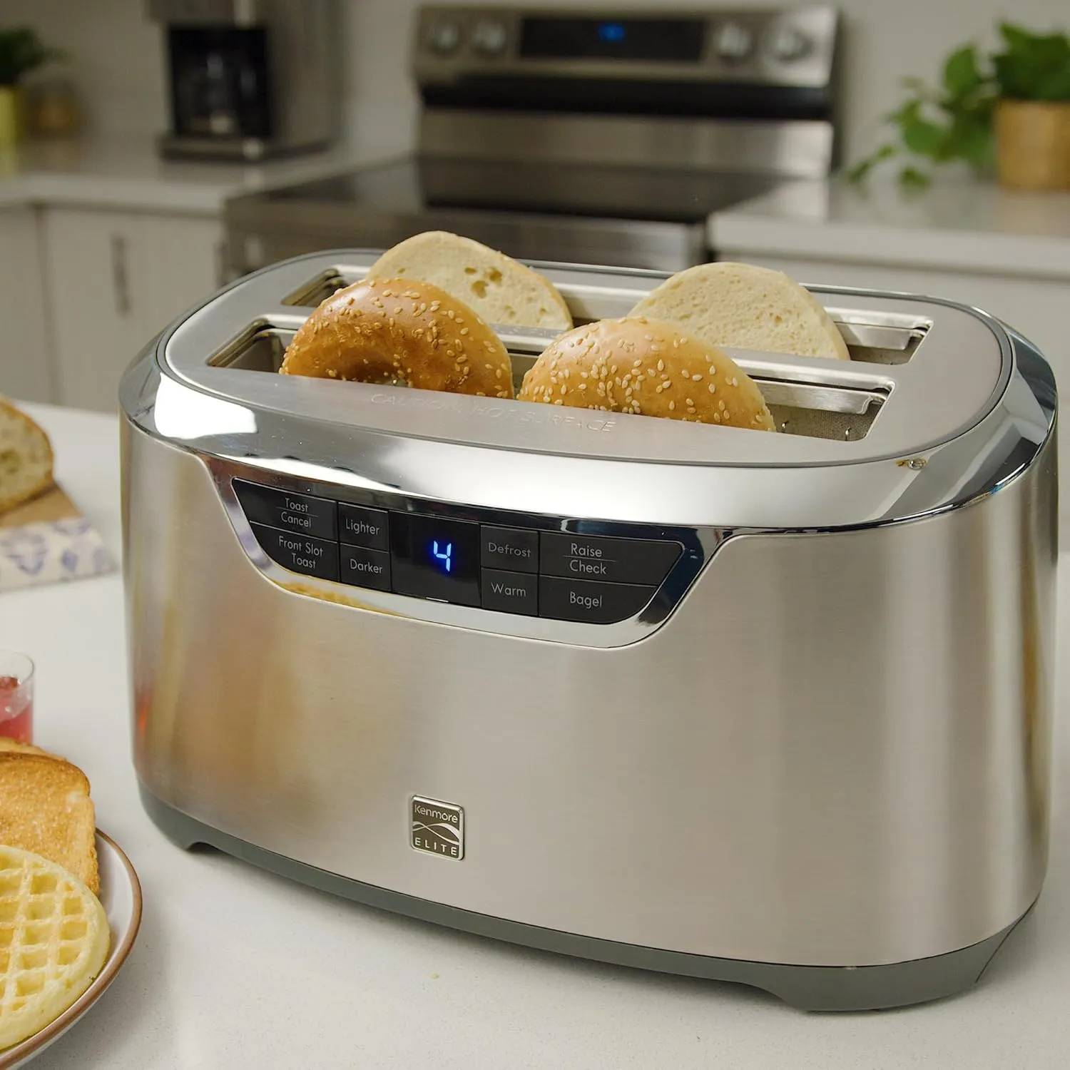 Kenmore Elite toaster 4-slice -wide slot countertop stainless steel Auto lift toasters, grill or toast bread bagel & buns, commercial easy tray clean function with compact pop up tostadora de pan