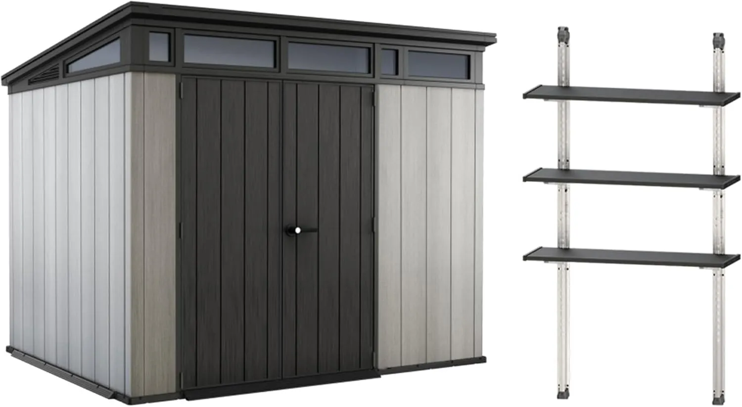 Keter Artisan 9 x 7 Foot Large Outdoor Shed with Floor Bundled with 40 Inch All Weather Steel Reinforced Utility Shelf Kit, Black/Gray