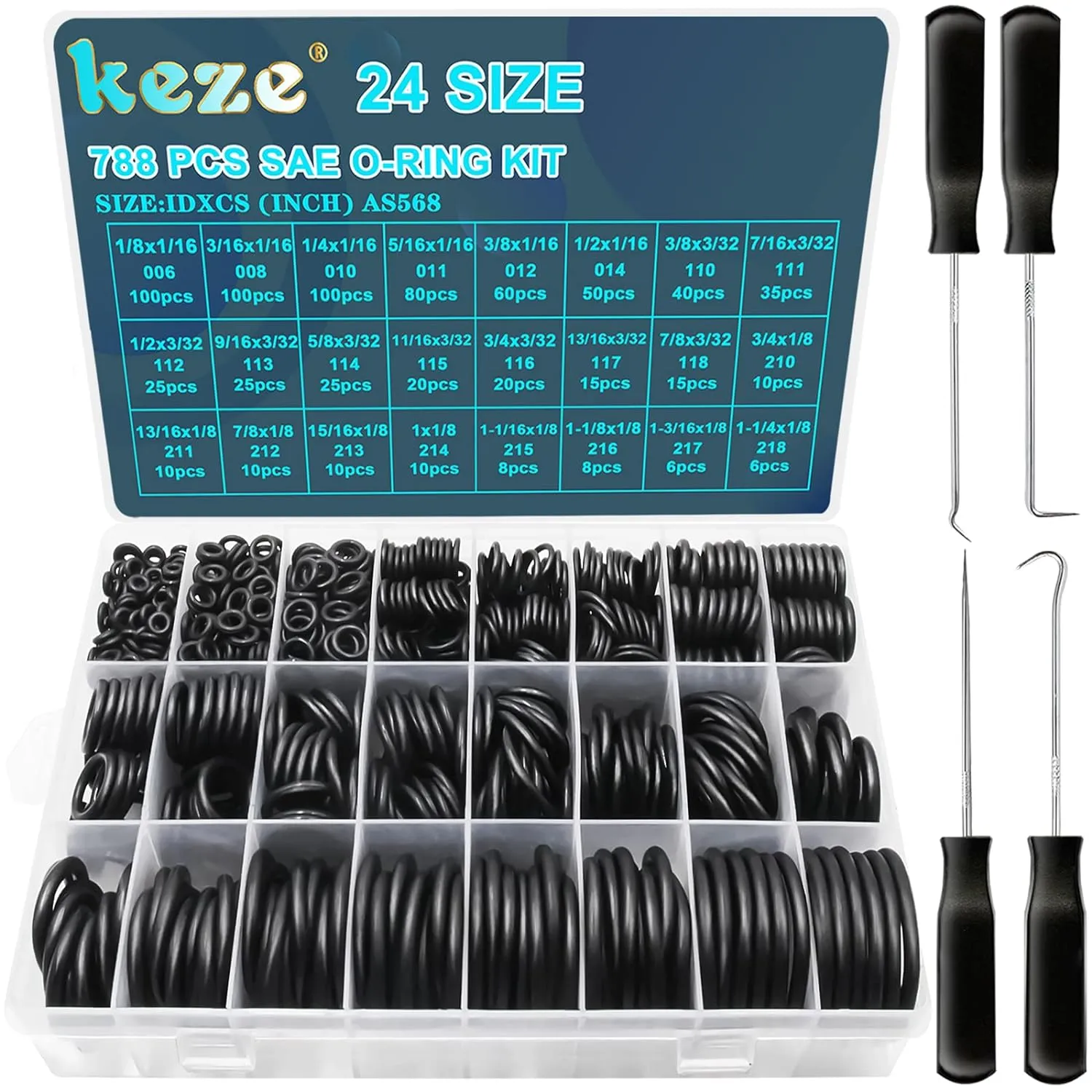 KEZE 788 Pcs SAE Rubber O Ring Assortment Kit Buna-N 70A 24 Size USA Standard Inch O Rings Set for Assort Faucets Plumbing Hydraulics Hose Repairs with O Ring Hook and Pick