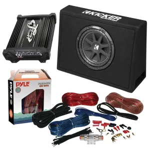 Kicker Comp 10" 300W Peak Power Car Audio Subwoofer Loaded Enclosure Bundle With Lanzar Mono Block MOSFET Stereo Amplifier and 8 Gauge Amp Installation Kit