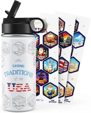 Kids Water Bottle 16 oz with Straw Lid – Stainless Steel Insulated Leak-Proof Vacuum Bottle for Boys and Girls – Includes Holiday & Activity Stickers – Keeps Drinks Cold for 24 Hours (Pearl)