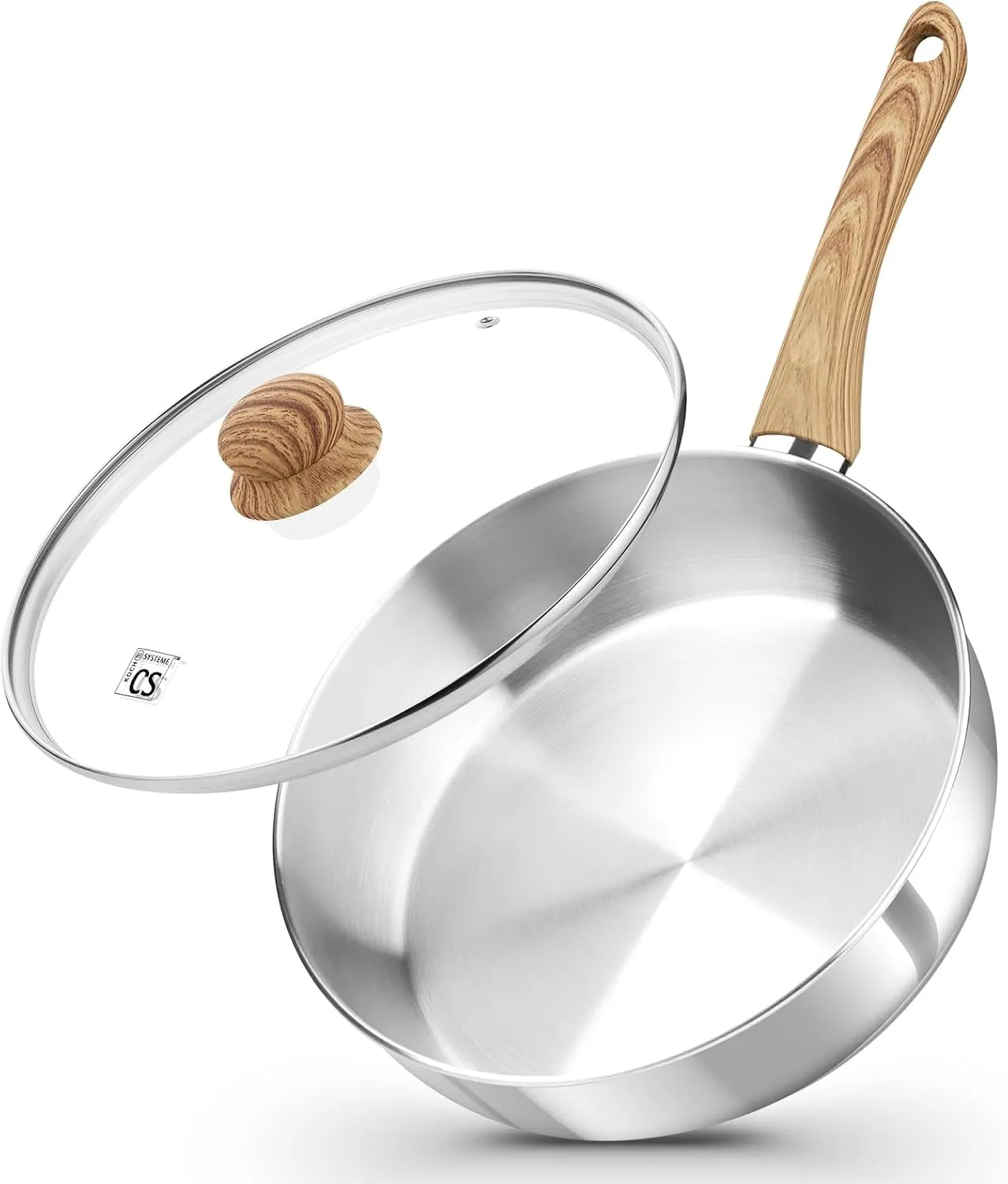 KOCH SYSTEME CS Saute Pan with Lid, 10 Inch Stainless Steel Saute Pan with Lid, Deep Frying Pan with Cool-Touch Bakelite Handle, Stylish Stainless Steel Pan, Deep Fry Pans 4 Quart, Induction Ready