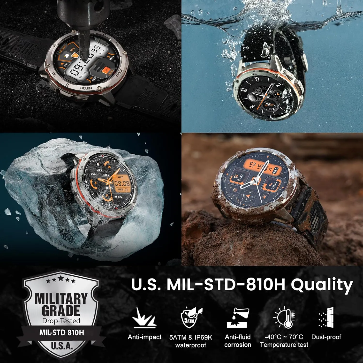 KOSPET Tank T3 Ultra Smart Watch GPS for Men, 5ATM Waterproof, Pressure&Altitude&Compass, Extra-Large Battery, Full Metal Body Rugged Military Smartwatch Bluetooth Calling-1.43” AMOLED Display