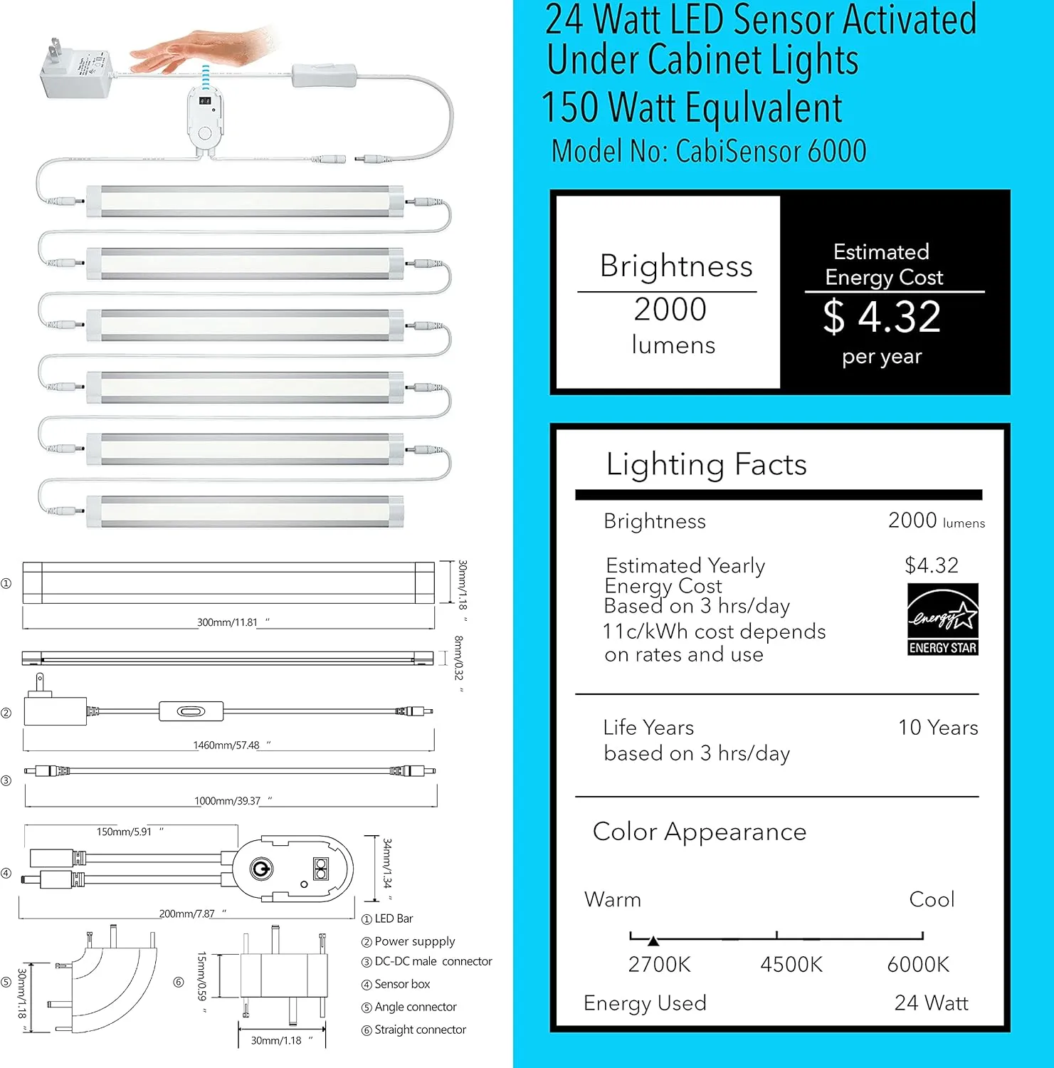 LAMPAOUS LED Dimmable Under Cabinet Lighting Kit, Hand Wave Activated - Touchless Dimming Control, Warm White 6X 12 Panel for Book Shelf, Toolbox Hutch (Warm White)