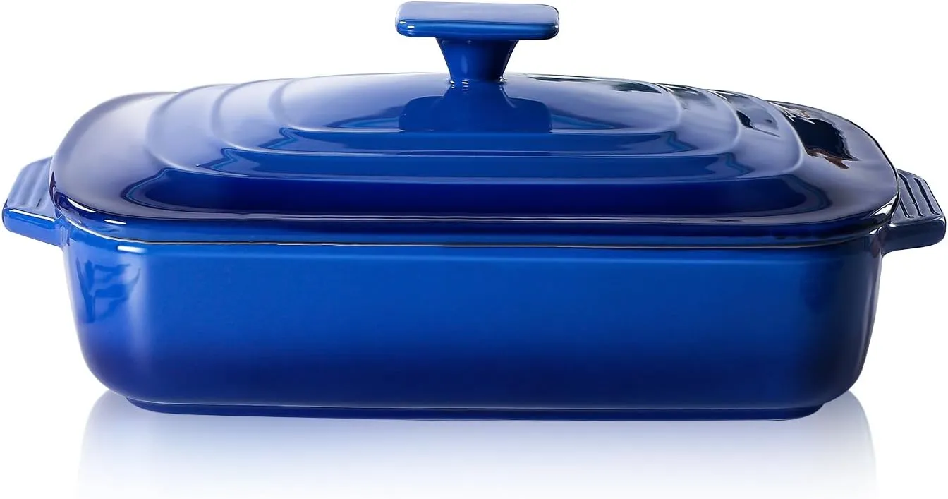 Lareina Large Ceramic Casserole Dish with Lid, 4.0 Quart Covered Rectangular Stoneware Baking Dishes for Oven, Deep 9x13 Inch Lasagna Pans for Baking and Serving, Perfect for Christmas Gifts, Blue