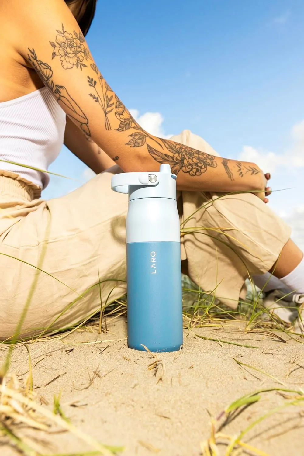 LARQ Bottle Swig Top 23oz - Insulated Reusable Stainless Steel Water Bottle With Built-In Silicone Handle | Thermos, BPA Free | For Sports, Gym, and Travel | Amalfi Blue