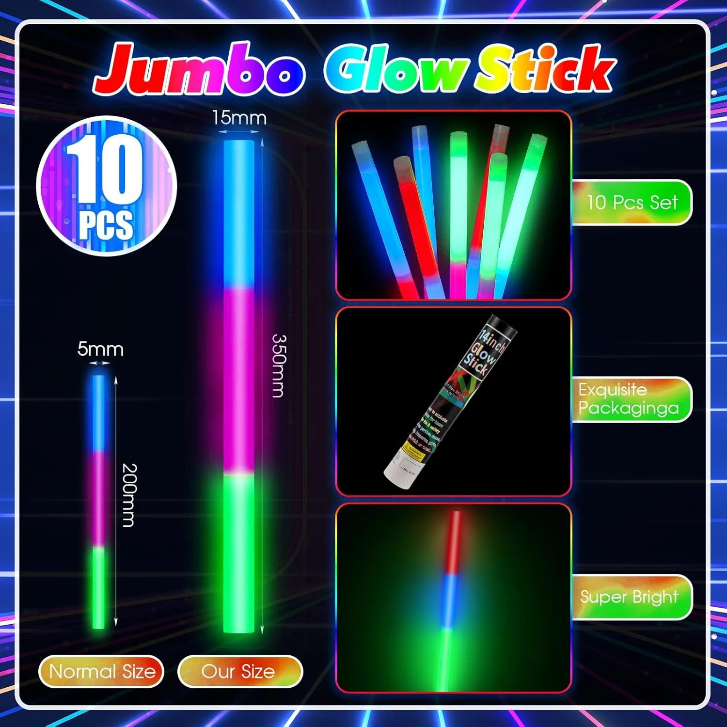 Lewtemi 10 Pcs 14 Inch Large Glow Sticks Christmas Jumbo Sticks Big Glow Stick Giant Light Stick Emergency Light Stick for Camping Accessories, Survival Kit