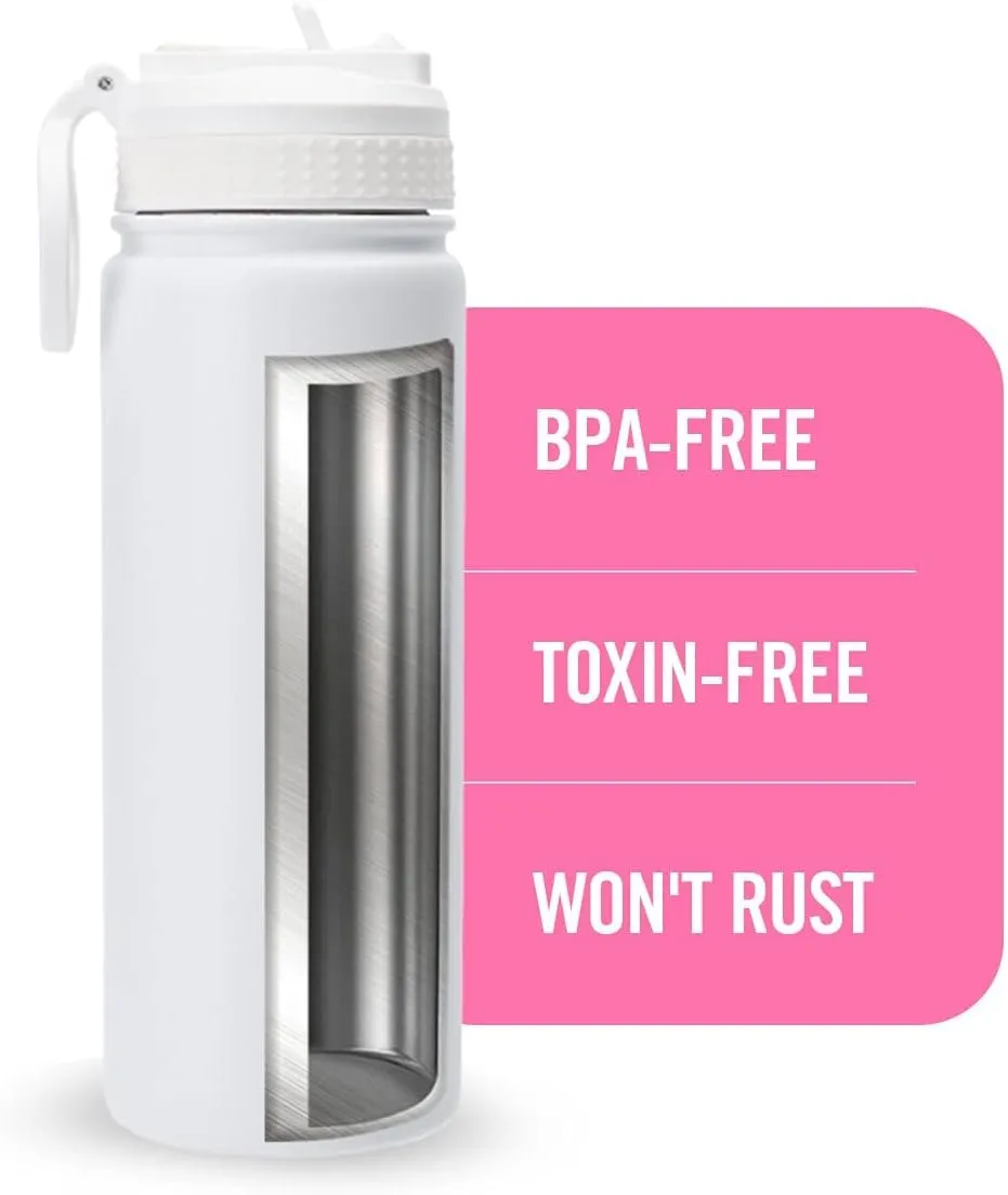 Life's Easy Stainless Steel Insulated Water Bottle - Sports Water Bottle w/Loop Handle Bionic Silicone Straw Lid - Vacuum Flask for Hot & Cold Drinks - Great for School, Travel & More (White, 18 oz)