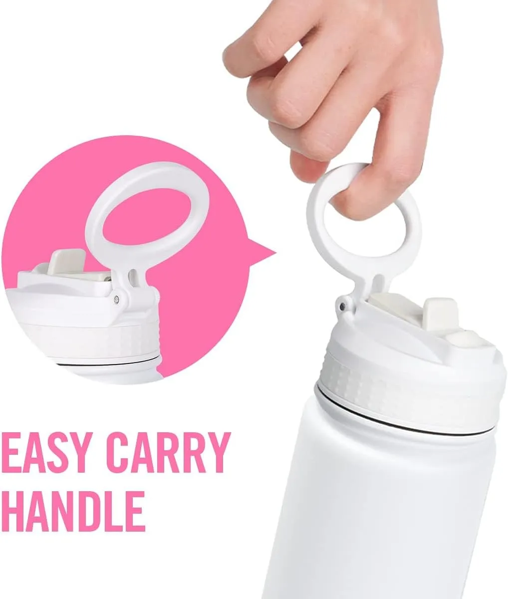 Life's Easy Stainless Steel Insulated Water Bottle - Sports Water Bottle w/Loop Handle Bionic Silicone Straw Lid - Vacuum Flask for Hot & Cold Drinks - Great for School, Travel & More (White, 18 oz)