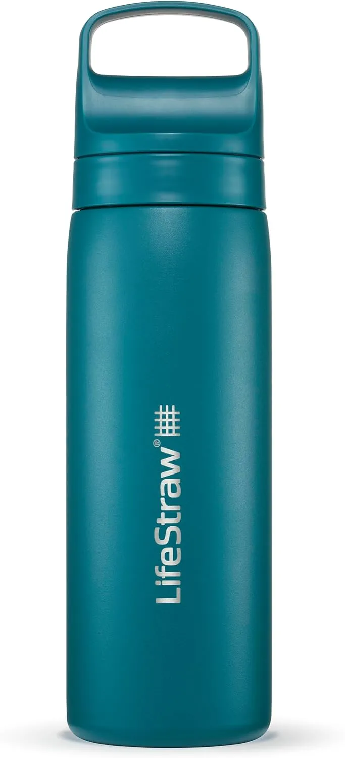 LifeStraw Go Series – Insulated Stainless Steel Water Filter Bottle for Travel and Everyday Use, Removes Bacteria, Parasites and Microplastics, Improves Taste, 18oz Laguna Teal