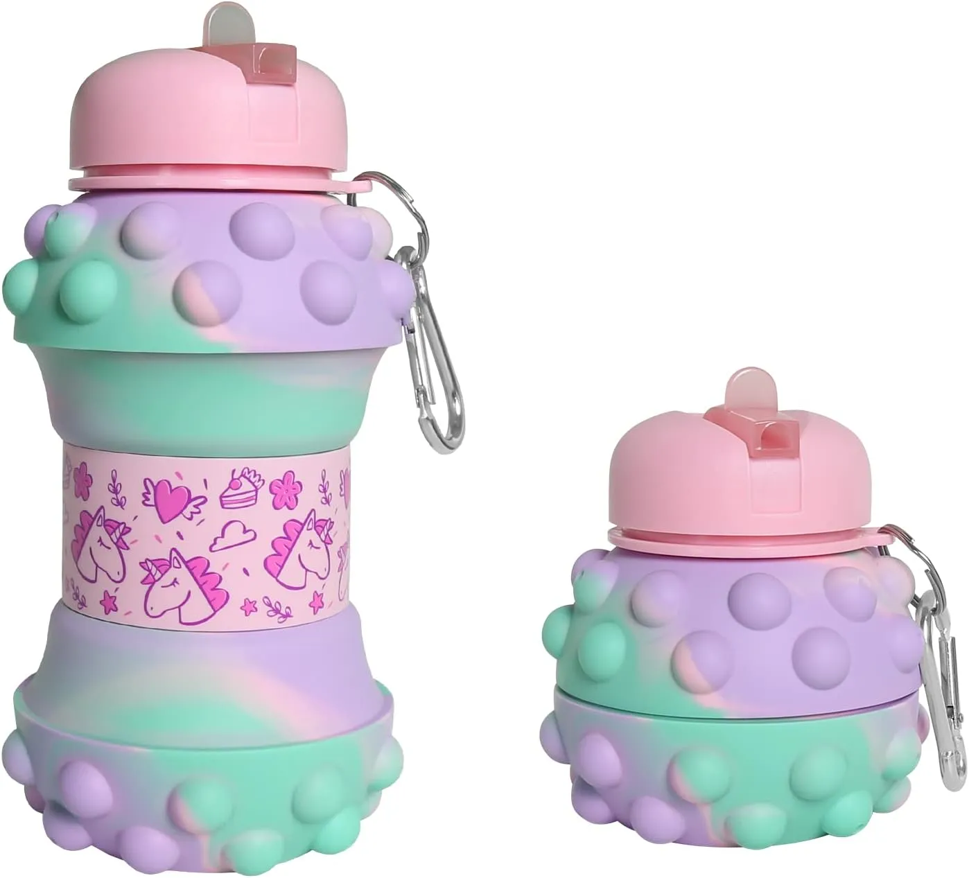 Louis Donné Collapsible Water Bottles 18oz / 550ml BPA-Free Silicone Foldable Water Jug Leakproof Reusable Mug with Unicorn Pendant & Carabiner & Brush for Gym Camping Hiking Travel Sports and Kids