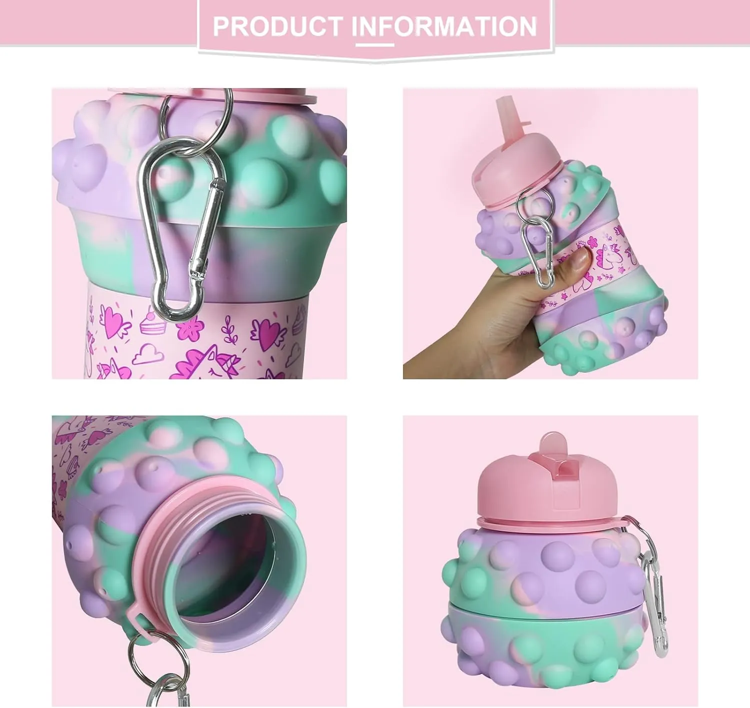 Louis Donné Collapsible Water Bottles 18oz / 550ml BPA-Free Silicone Foldable Water Jug Leakproof Reusable Mug with Unicorn Pendant & Carabiner & Brush for Gym Camping Hiking Travel Sports and Kids