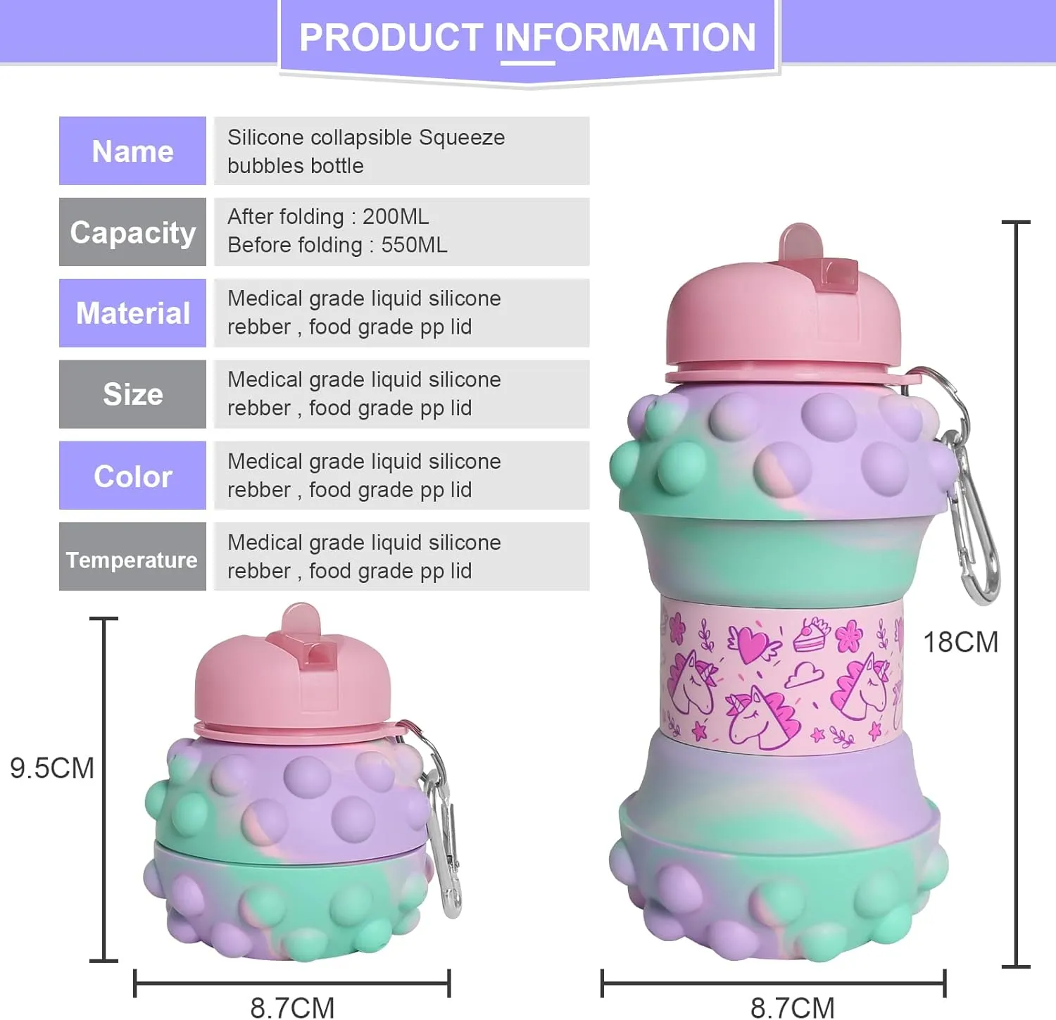 Louis Donné Collapsible Water Bottles 18oz / 550ml BPA-Free Silicone Foldable Water Jug Leakproof Reusable Mug with Unicorn Pendant & Carabiner & Brush for Gym Camping Hiking Travel Sports and Kids