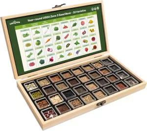 Lush&Dew Year-Round USDA Zone 3 Seed Bank, 32 Varieties Non-GMO Seeds of Vegetables, Herbs, Flowers, Fruits, Gardening Gifts, Emergency, Survival Gear Food, Indoor Outdoors Gardening (USDA Zone 3)