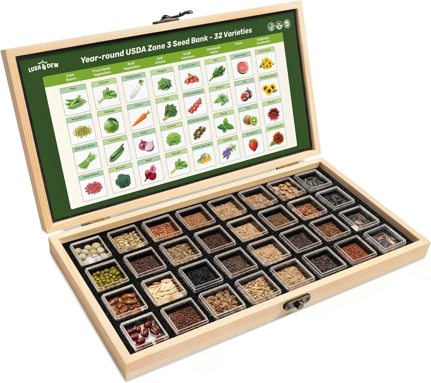 Lush&Dew Year-Round USDA Zone 3 Seed Bank, 32 Varieties Non-GMO Seeds of Vegetables, Herbs, Flowers, Fruits, Gardening Gifts, Emergency, Survival Gear Food, Indoor Outdoors Gardening (USDA Zone 3)