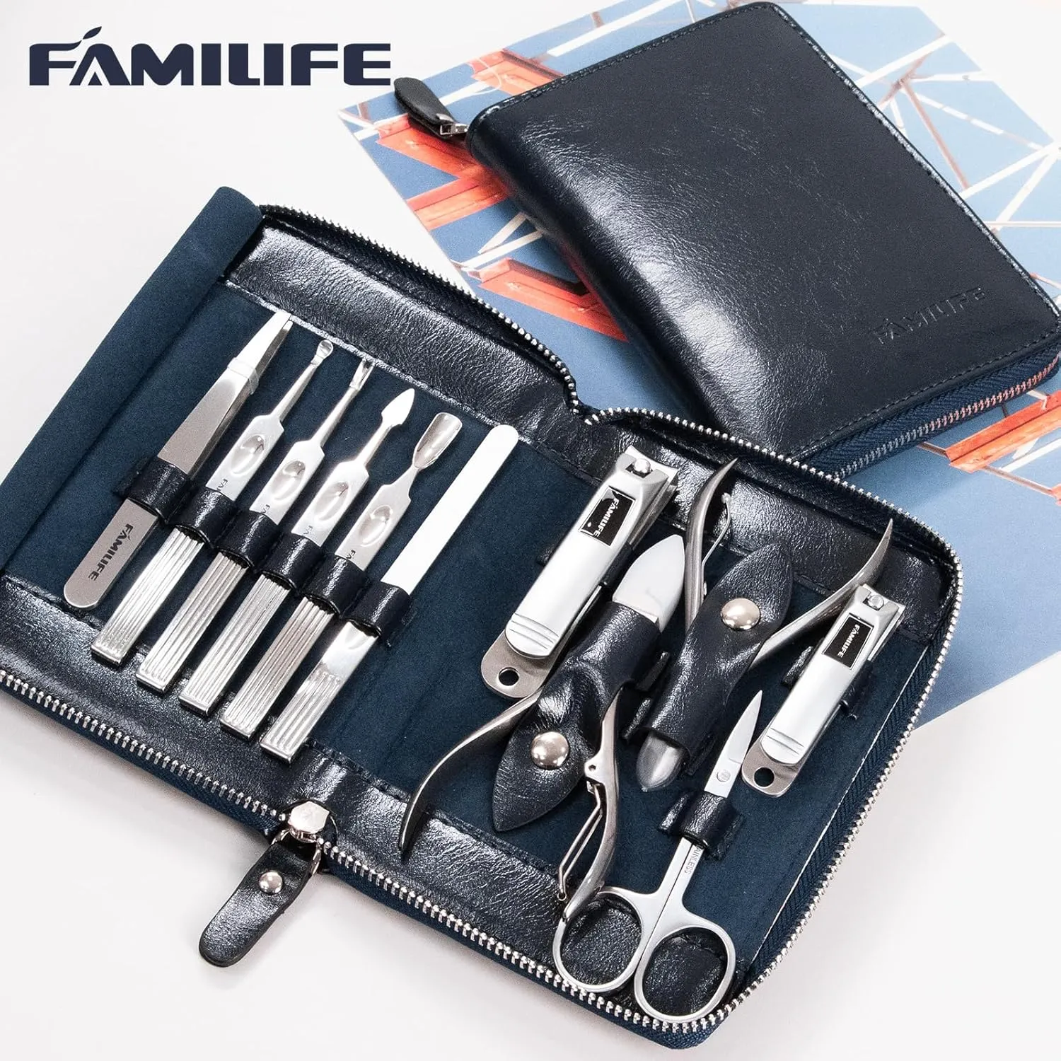 Manicure Kit, FAMILIFE Professional Manicure Set Nail Kit, 11 in 1 Stainless Steel Nail Clippers Set for Men Pedicure Kit, Men Grooming Kit with Portable Blue Leather Travel Case Luxury Gifts for Him