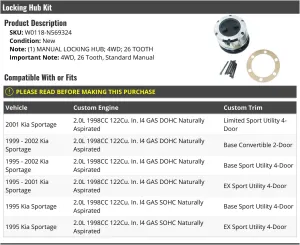 Manual Locking Hub - Compatible with 1995-2002 Kia Sportage 2.0L 4-Cylinder 4WD